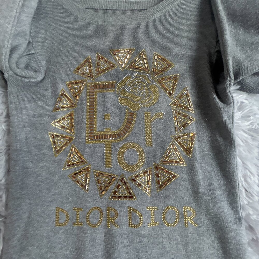 Dior Sweater Womens Small Gray Beaded Rhinestone Logo Puff Sleeve Knit Pullover - Picture 2 of 10